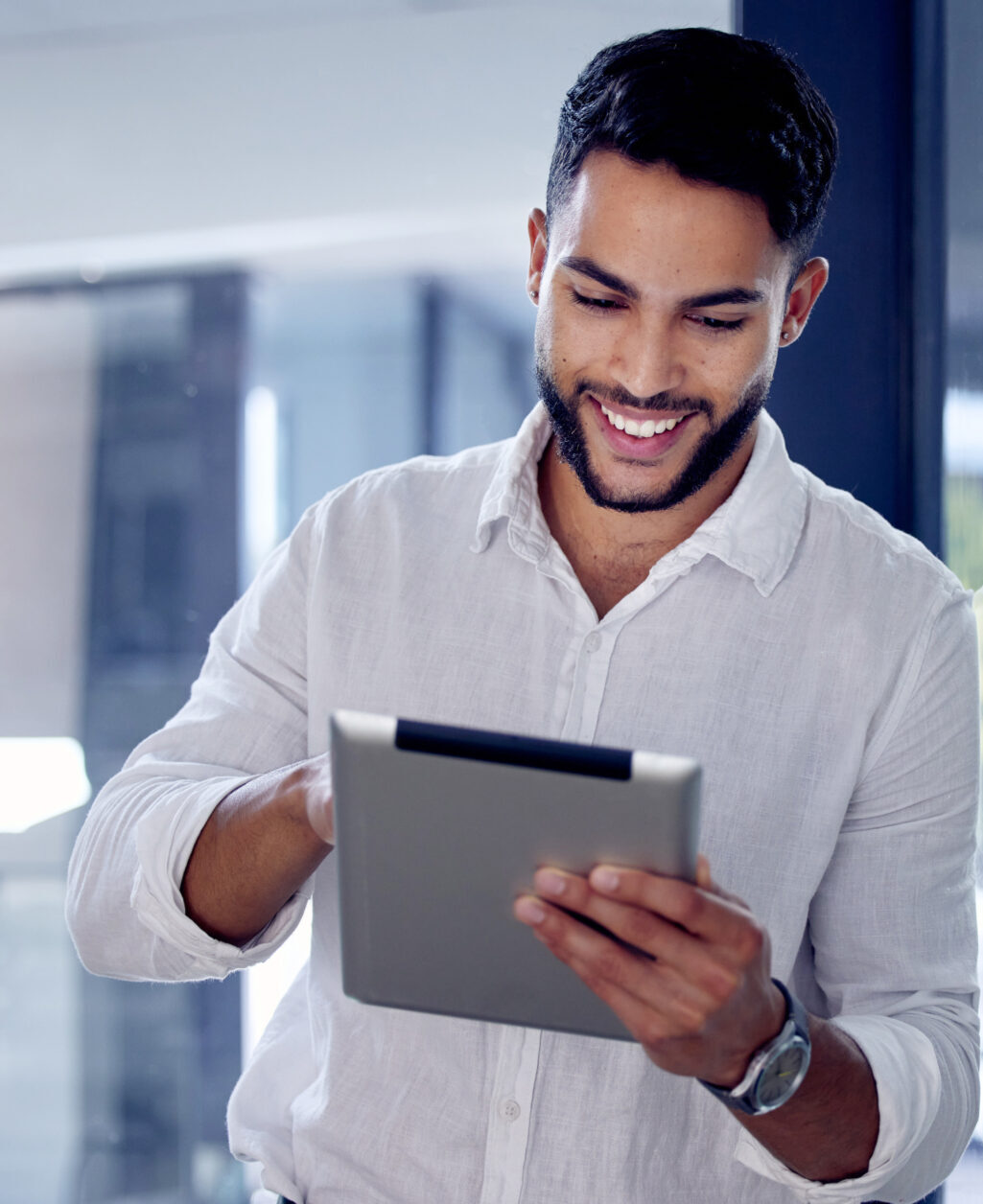 Tablet, night and research with a business man, happy while work